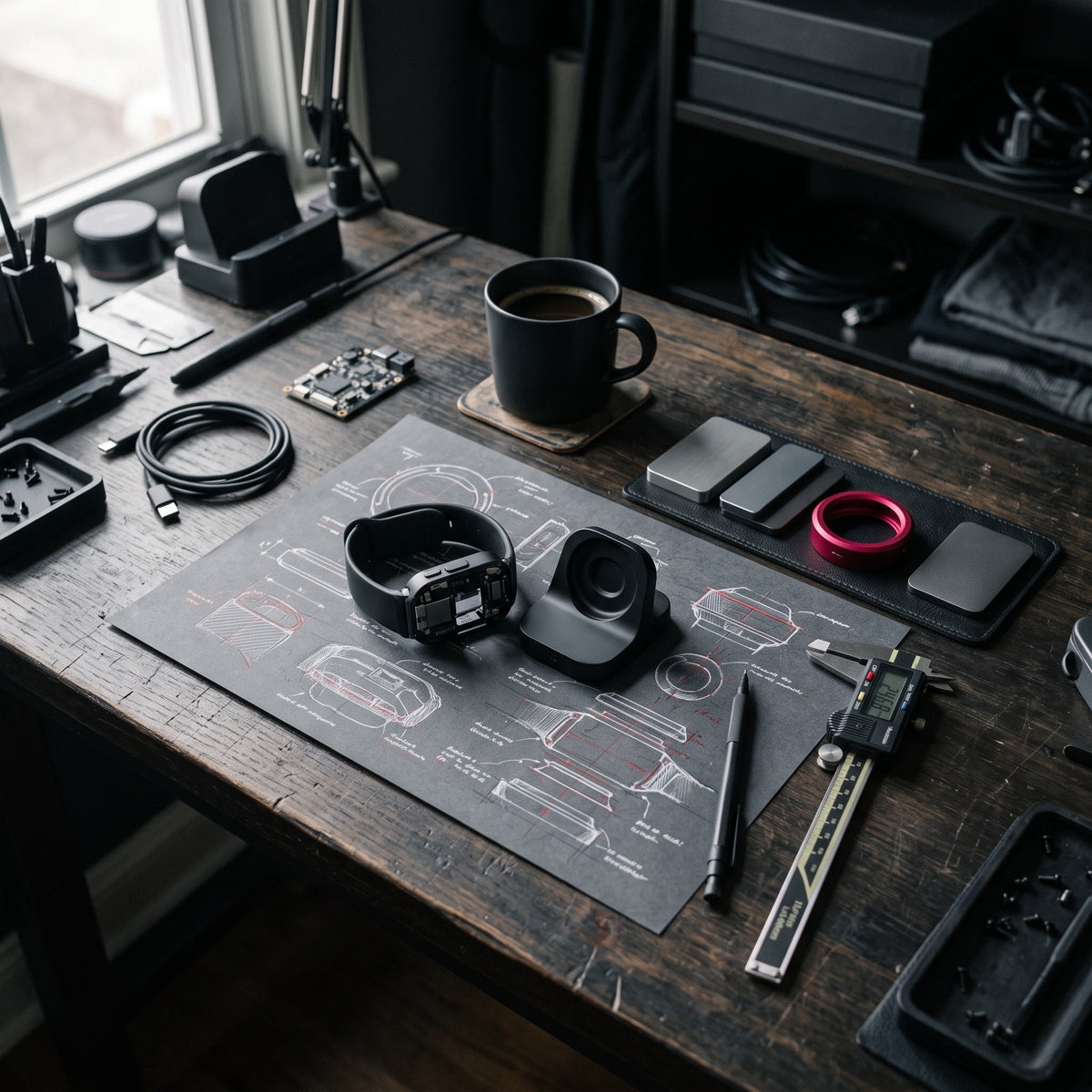 A design workbench with Rejuvex device prototypes
