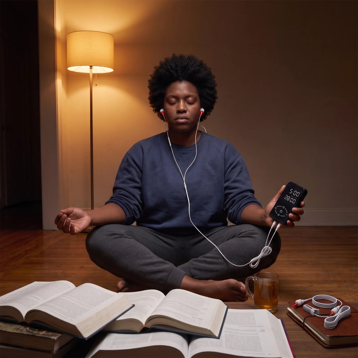 Person with ear clip in sits cross-legged on a hardwood floor among open textbooks, eyes closed, mid-session
