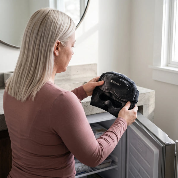 Hands retrieve the frozen migraine cap from a small freezer beside the bathroom vanity