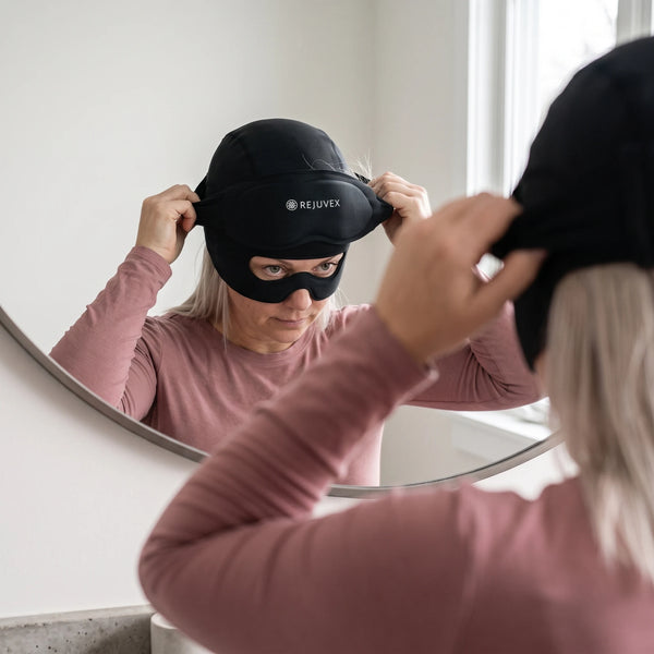 Woman pulls the stretchy migraine cap on in front of the bathroom mirror without tugging her hair