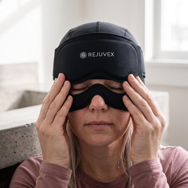Hands pull the blackout mask down over closed eyes to block light for relief