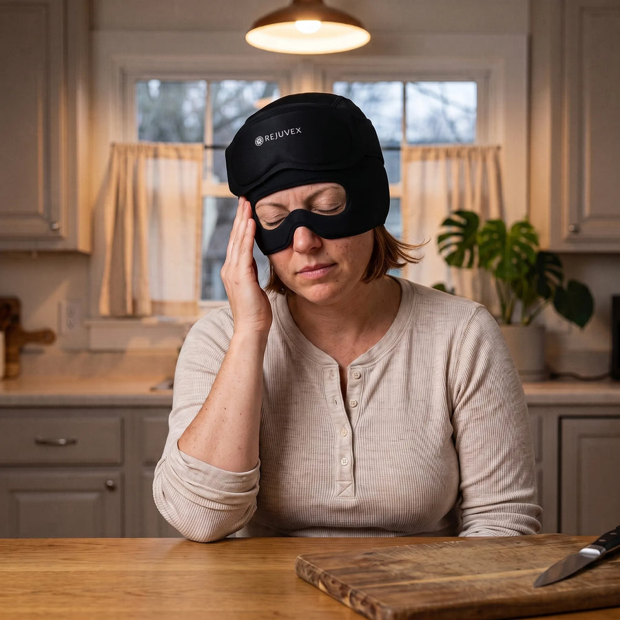 Woman pauses cooking at her kitchen table, pressing the migraine cap to her temples at dusk