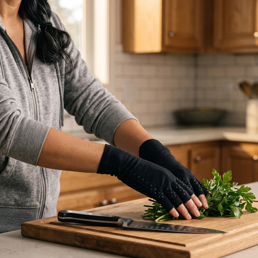 Person in a sunlit kitchen chopping herbs, fingertips bare and free while wearing compression gloves