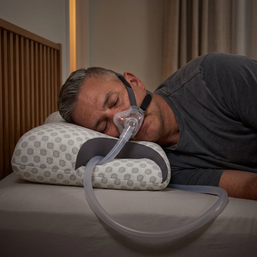 Man asleep on his side, mask and hose resting in the pillow's side cutout at night